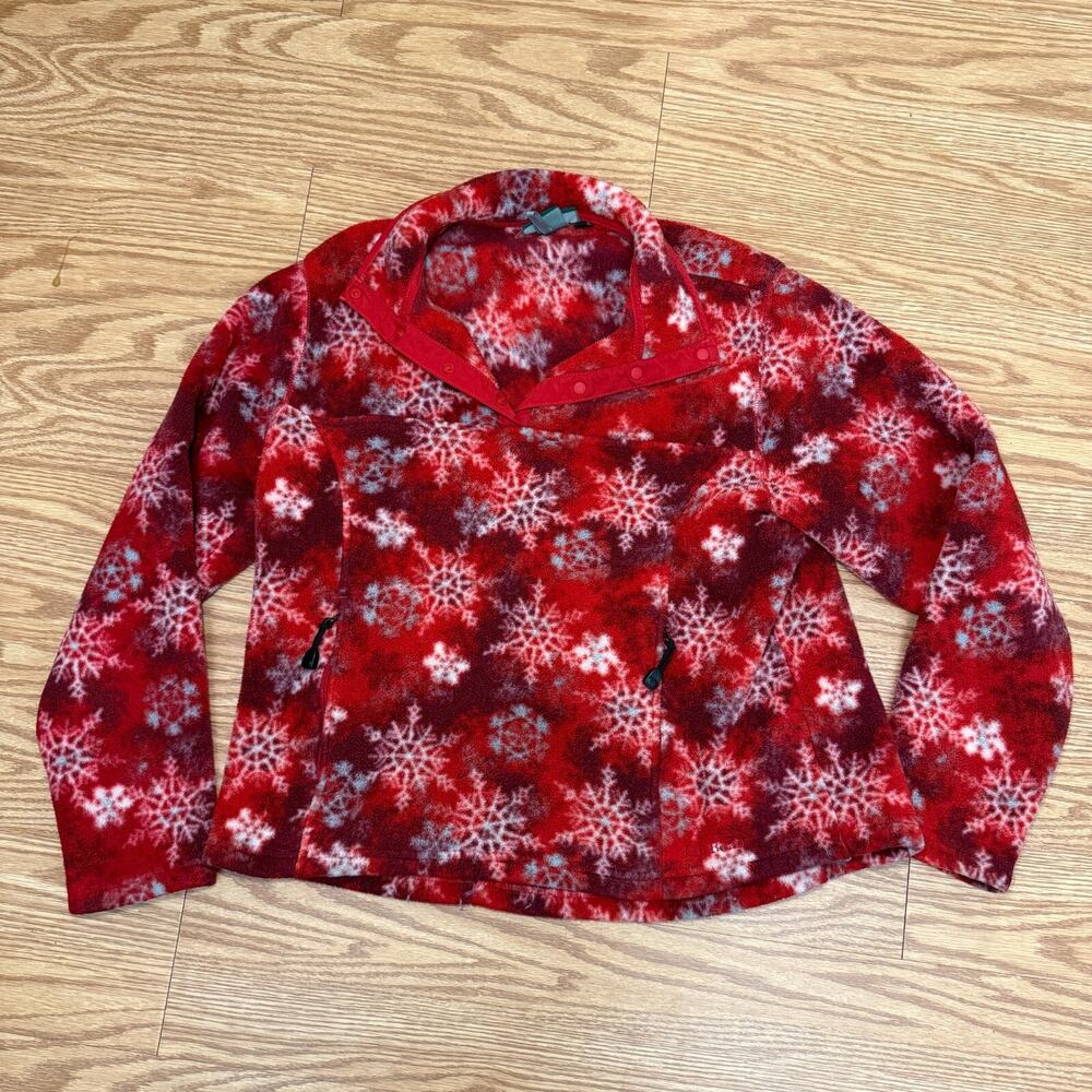 LLBean women's large vtg vintage red polartec teddy fleece snowflake pull over